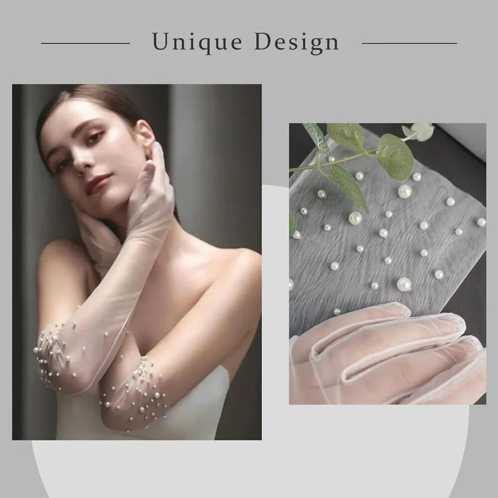 Women's Off-White Tulle Pearl Long Sleeves Gloves Bridal Party Prom Costumes